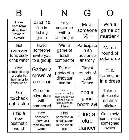VRChat activities Bingo Card