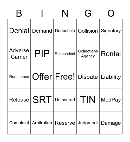 Subrogation Bingo Card