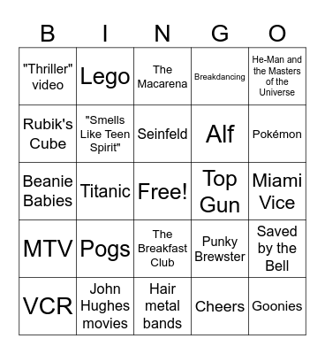 80's and 90's Bingo Card