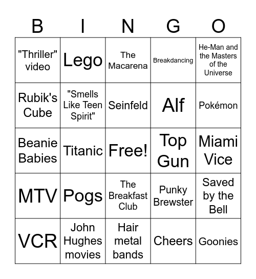 80's and 90's Bingo Card