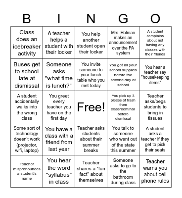 First Days of School Bingo Card