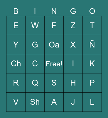 Wednesday Alphabet Bingo Card