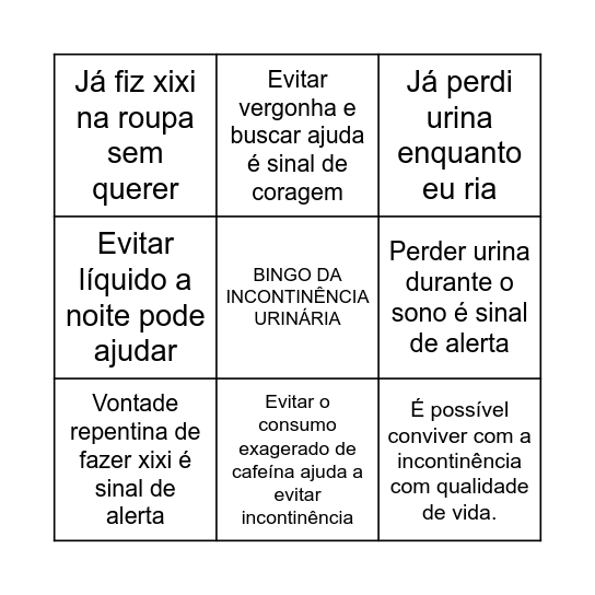 Bingo da Incontinência Urinária Bingo Card