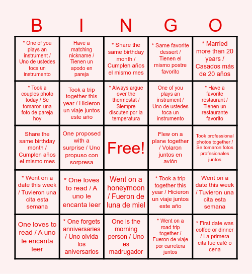 COUPLES BINGO Card