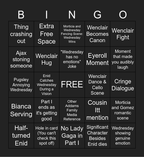 Wednesday Season 2 Bingo Card