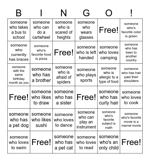 Human Bingo Middle School Bingo Card