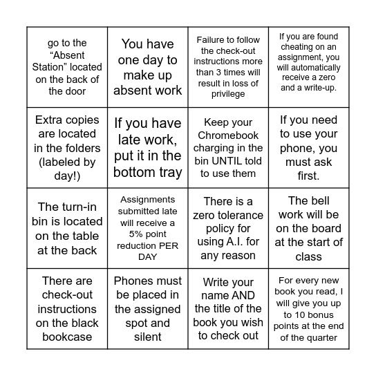 Classroom Bingo! Bingo Card