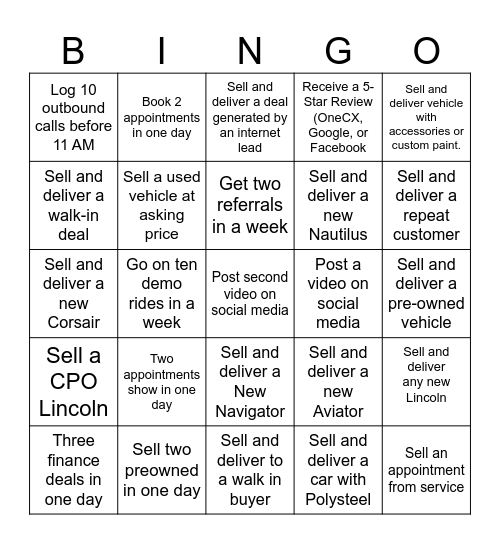 Sales Team Bingo Card