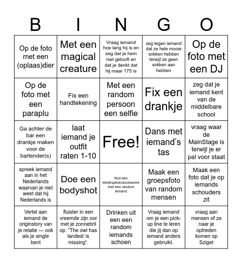 Sziget Bingo Card
