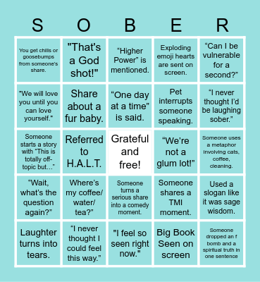 Sober Sisterhood Bingo Card