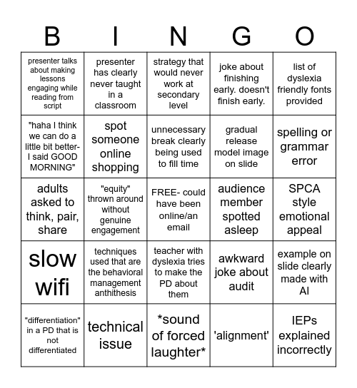 PD O'CLOCK BINGO- day 2 of ~literacy journey~ Bingo Card