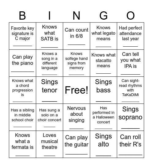 CHOIR BINGO Card