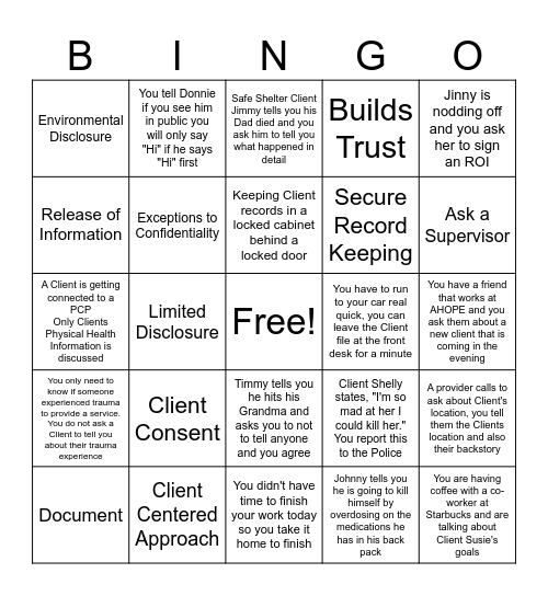 Client Confidentiality Bingo Card