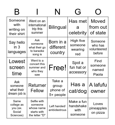 College Corps Orientation Bongo Bingo Card