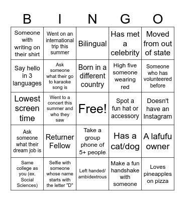 College Corps Orientation Bongo Bingo Card