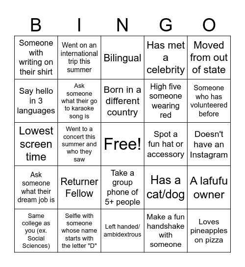 College Corps Orientation Bongo Bingo Card