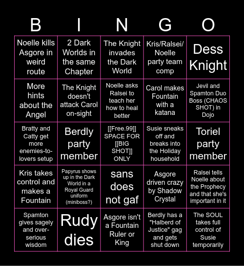 Deltarune Ch. 5 Bingo Card
