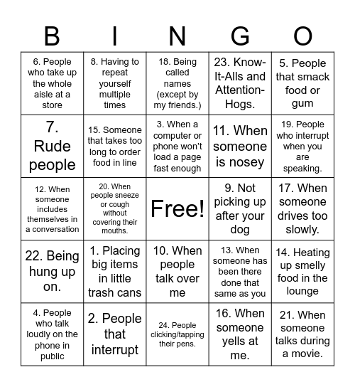 Pet Peeve Bingo Card