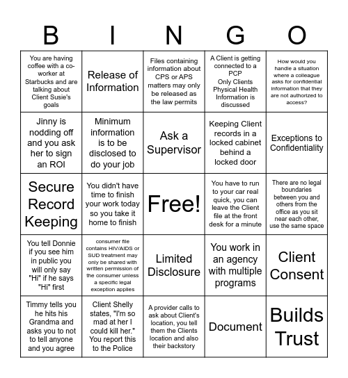 Client Confidentiality Bingo Card