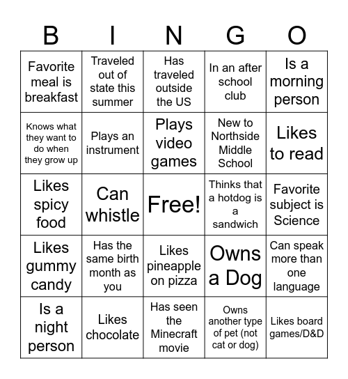 Get To Know You Bingo Card