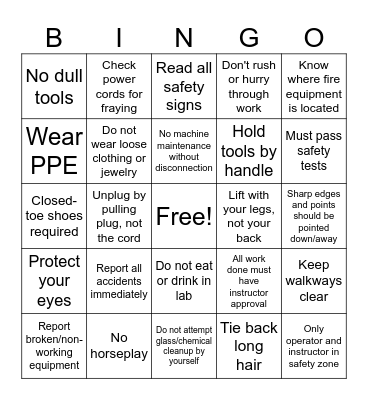 Robotics Safety Bingo Card
