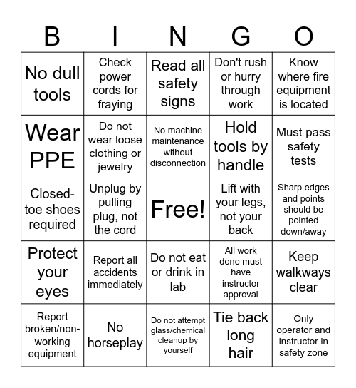 Robotics Safety Bingo Card