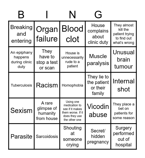 House bingo Card