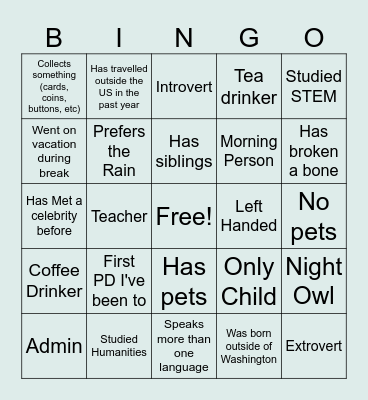 Get to Know you Bingo Card