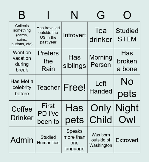 Get to Know you Bingo Card
