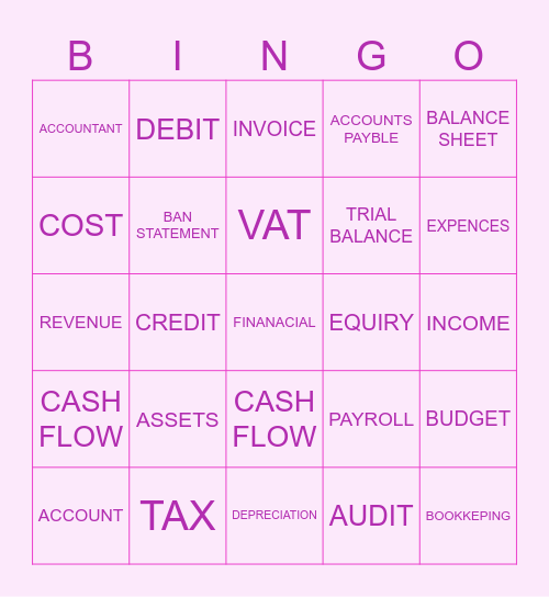ACCOUNTING TERMS BINGO Card