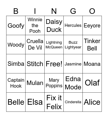 Disney & Pixar Characters Bingo Card