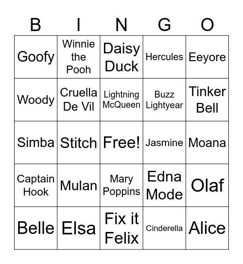 Disney & Pixar Characters Bingo Card