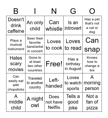 Get to Know You Bingo Card