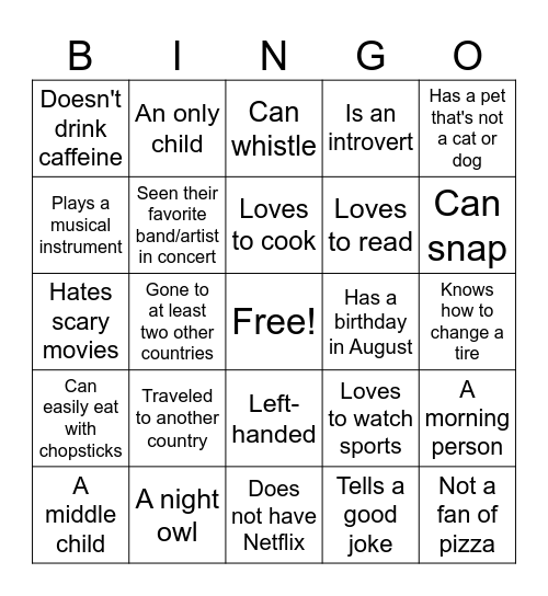 Get to Know You Bingo Card