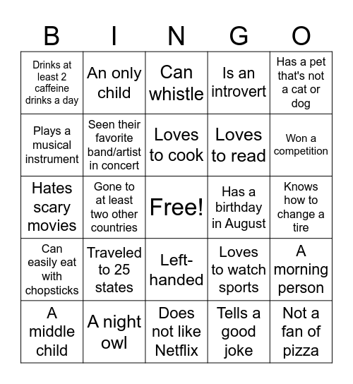 Get to Know You Bingo Card