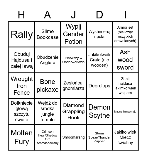 hajdusowe bingo z terrarią Bingo Card