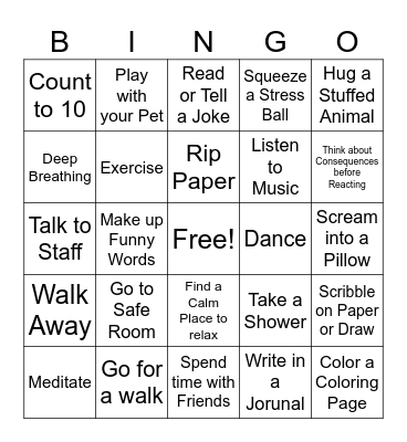 Anger Coping Skills BINGO Card