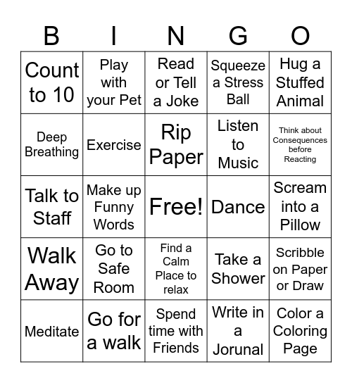 Anger Coping Skills BINGO Card