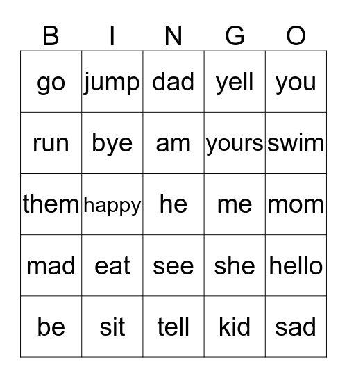 Sight Words Bingo Card