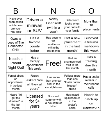 Foster/Adoptive Parent Bingo Card