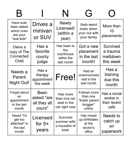 Foster/Adoptive Parent Bingo Card
