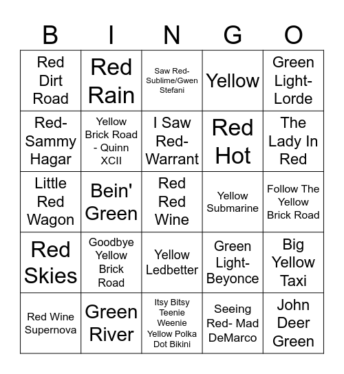 Traffic Light Bingo Card