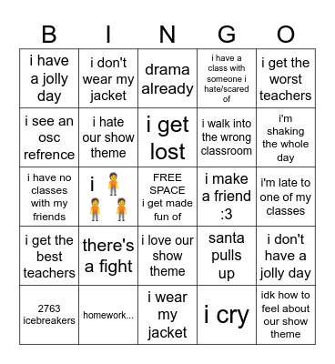 first day of school Bingo Card