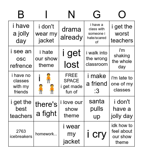 first day of school Bingo Card