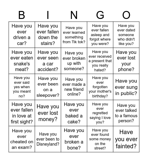 Have you ever Bingo Card