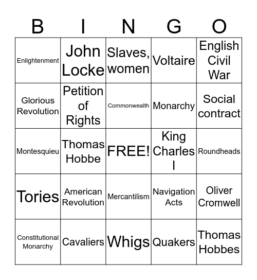 World History Chapter 11 Enlightenment & Revolution Bingo Card