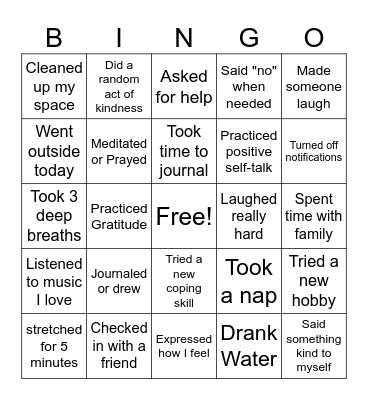 Mental Wellness Bingo Card