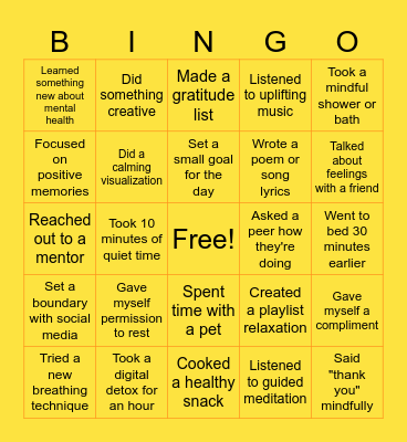 Mental Wellness Bingo Card