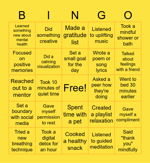 Mental Wellness Bingo Card