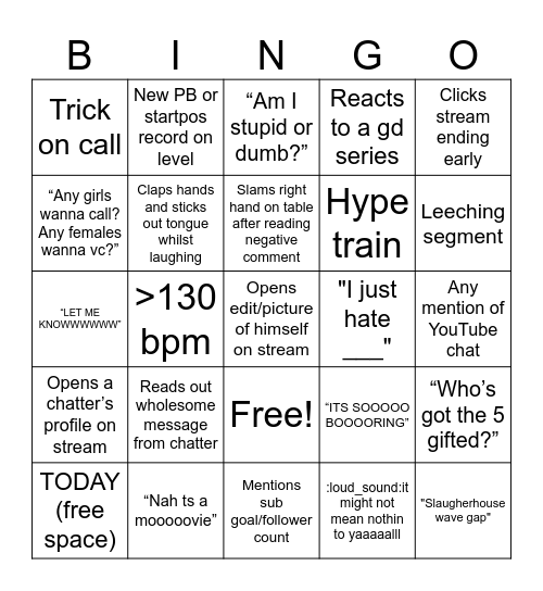 Toph Stream bingo Card